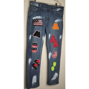 Men's Jeans Wear Straight Leg Decorative Patches Distressing Streetwear Size 36